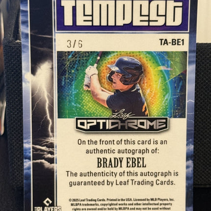 Leaf 2025 Brady Ebel Milwaukee Brewers #13 Prospect Card #TA-BE1 Auto 3/6
