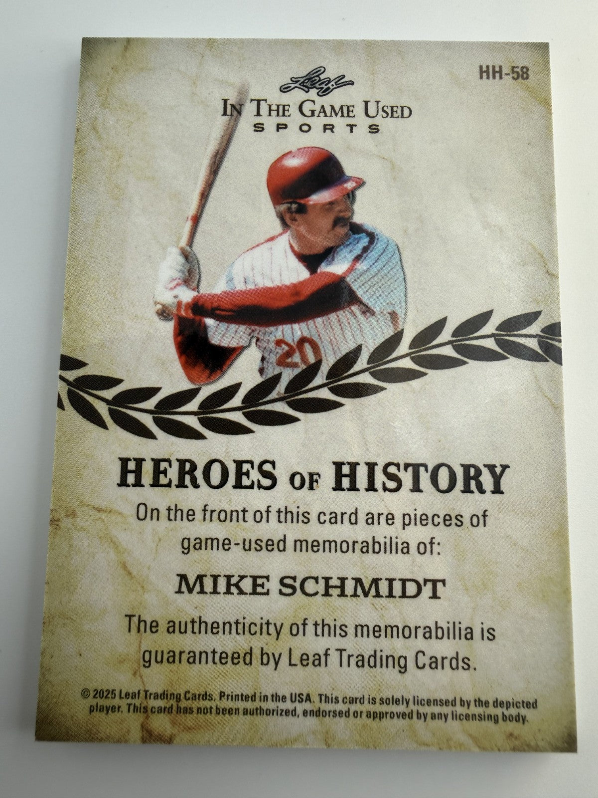 MIKE SCHMIDT 2025 LEAF IN THE GAME USED HEROES OF HISTORY PATCH  7/8 #HH-58