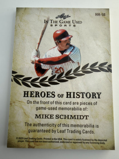 MIKE SCHMIDT 2025 LEAF IN THE GAME USED HEROES OF HISTORY PATCH  7/8 #HH-58