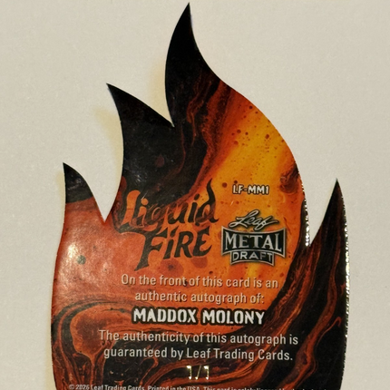 Leaf 2026 Maddox Molony Liquid Fire Pick #187 Card #LF-MM1 Auto 1/1