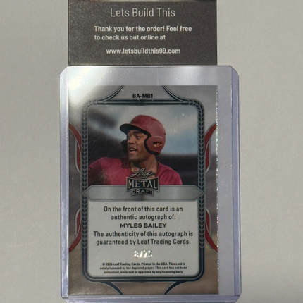 Leaf 2026 Miles Bailey Pick #75 Chicago Cubs Card# BA-MB1 Auto 8/75