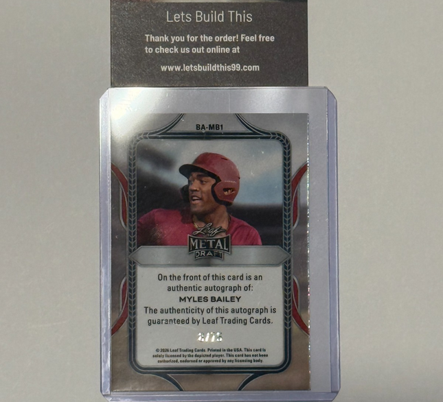 Leaf 2026 Miles Bailey Pick #75 Chicago Cubs Card# BA-MB1 Auto 8/75