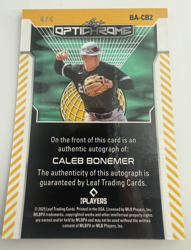 2025 Leaf Caleb Bonemer Optichrome MLB 15 Prospect # BA-CB2 Auto 4/4